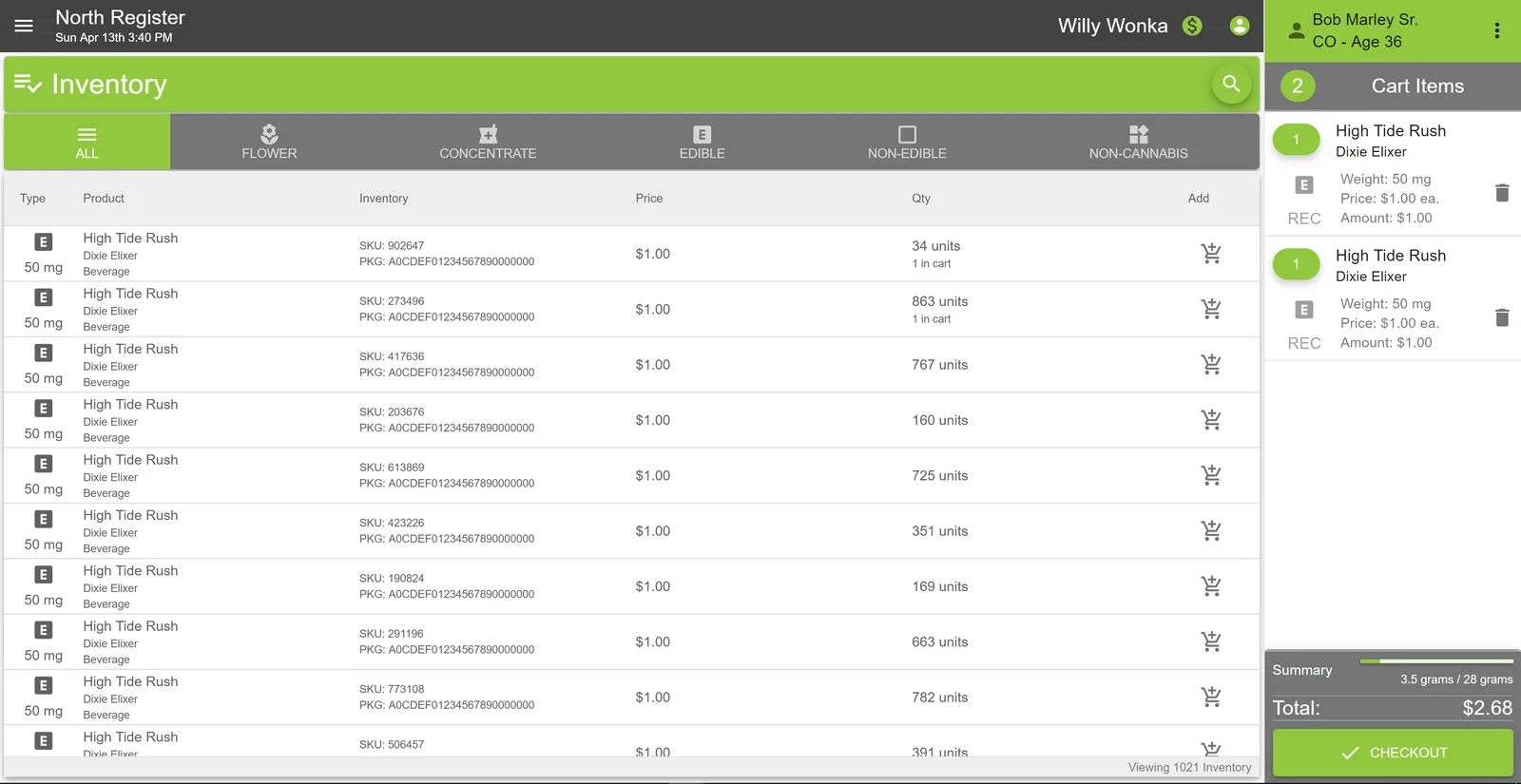 Point-of-sale register — scan-to-add live cart, category-filtered inventory, and an age/ID-verified customer.